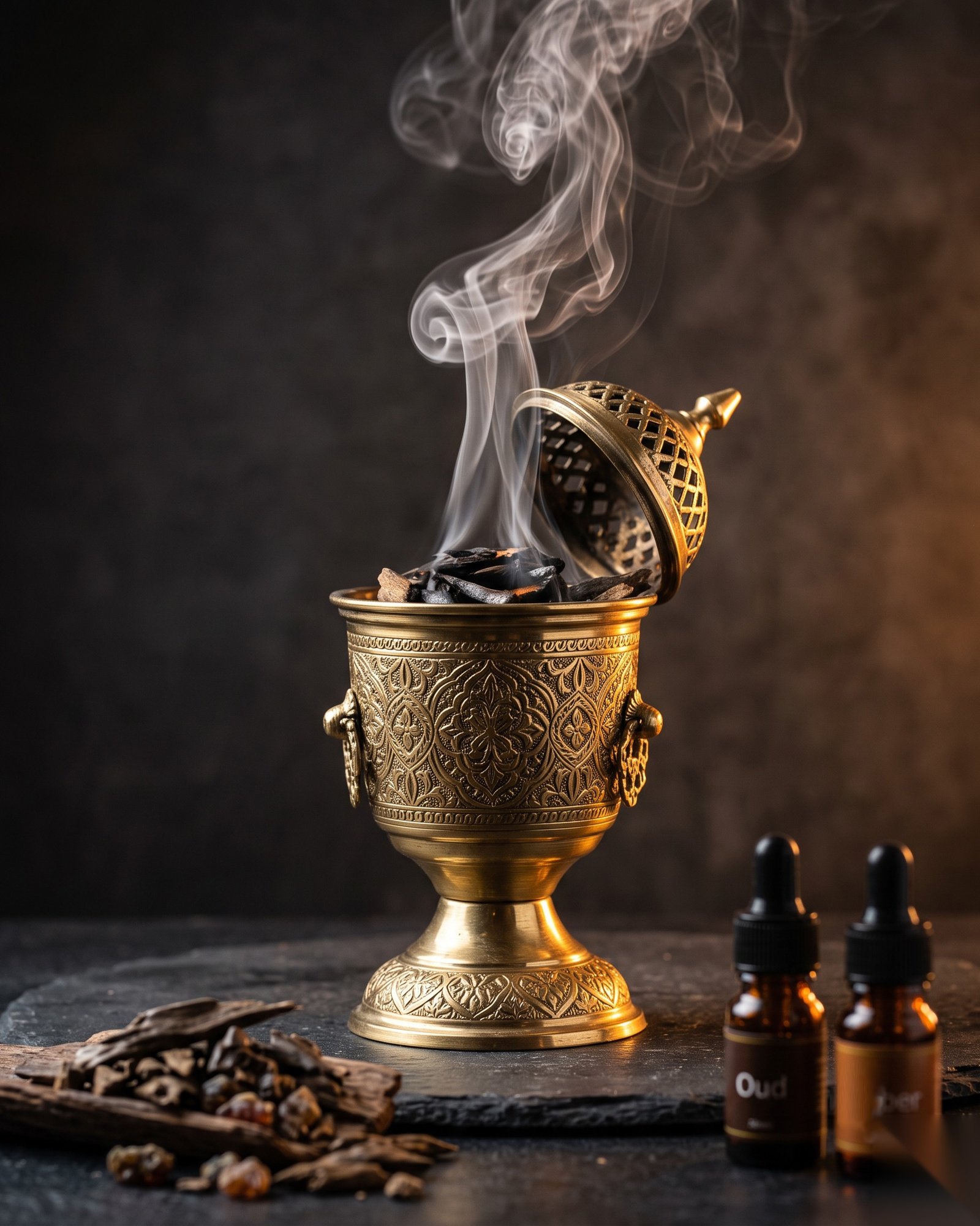 Traditional bakhoor incense burner with aromatic smoke