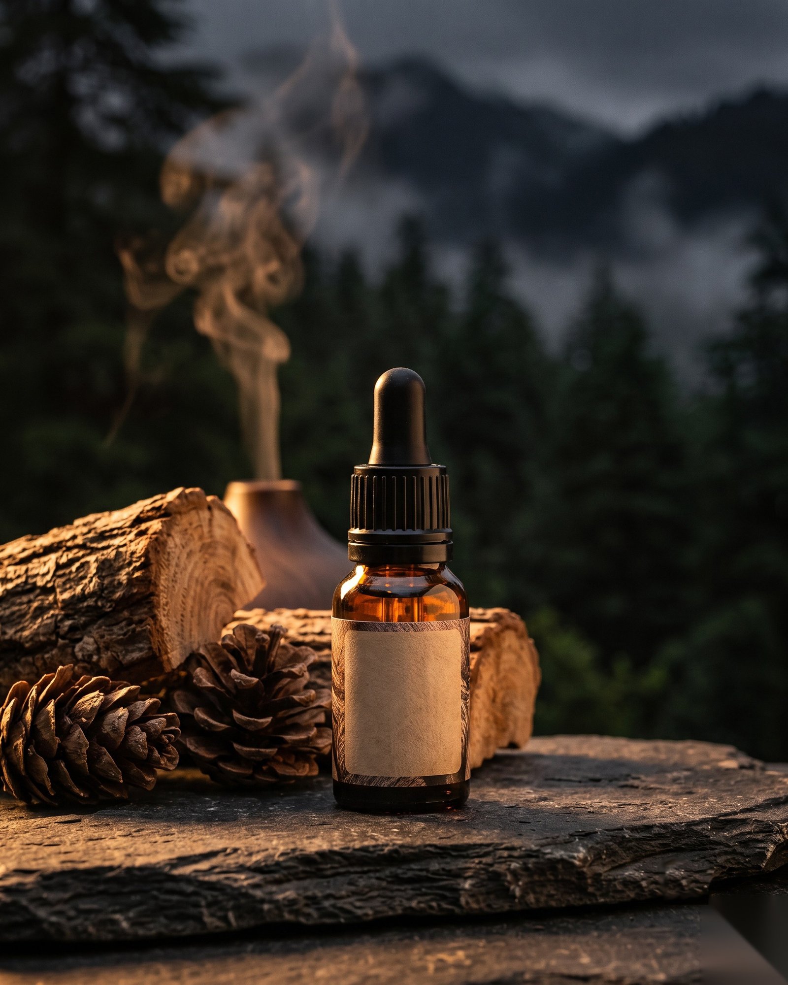 Himalayan Cedarwood Oil bottle with cedarwood logs and pinecones