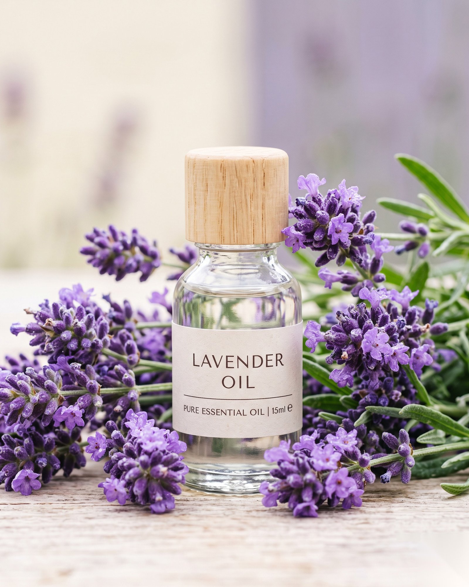 Lavender Oil bottle with fresh lavender sprigs