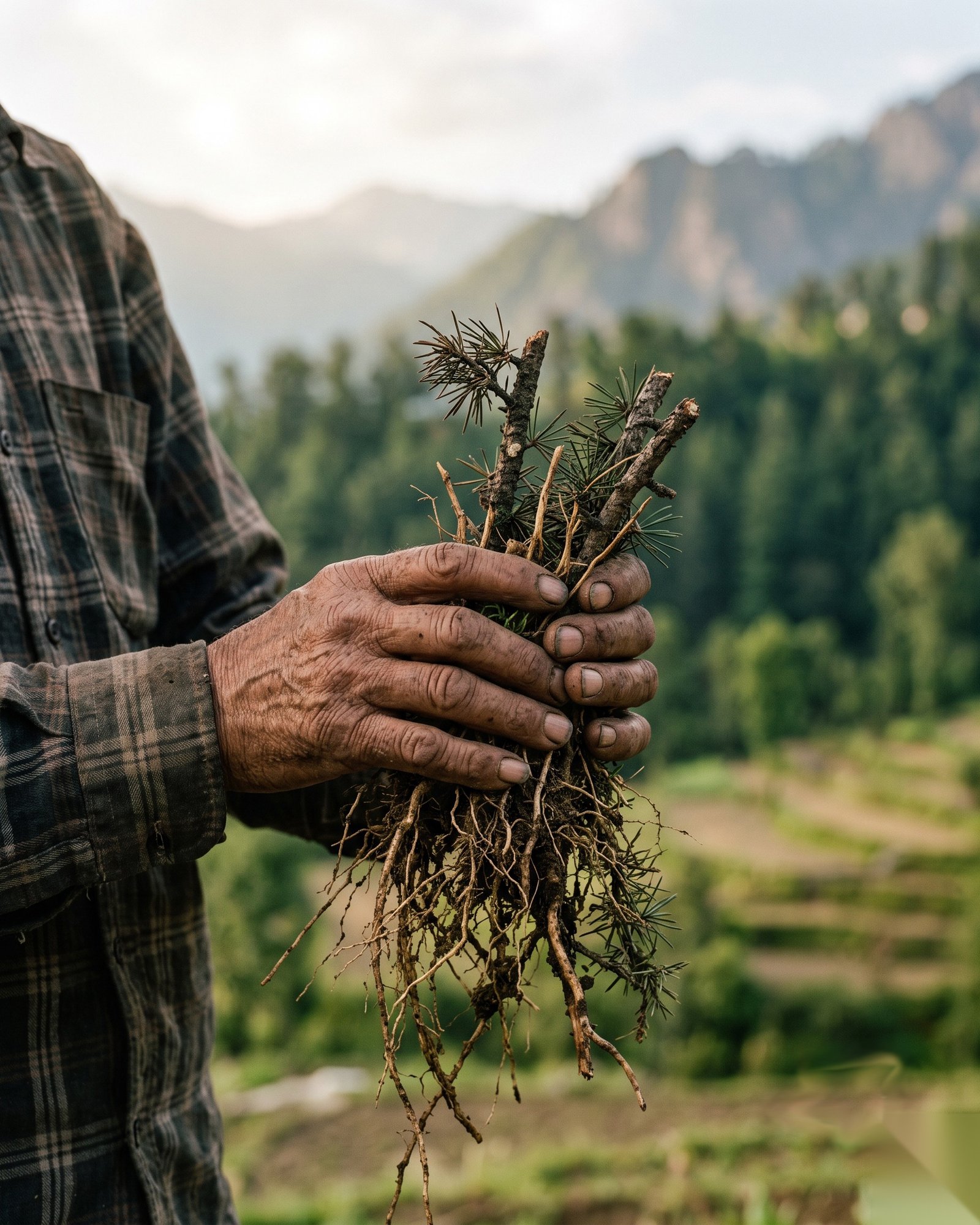 Farmer holding freshly harvested vetiver roots in the sourcing regions of India