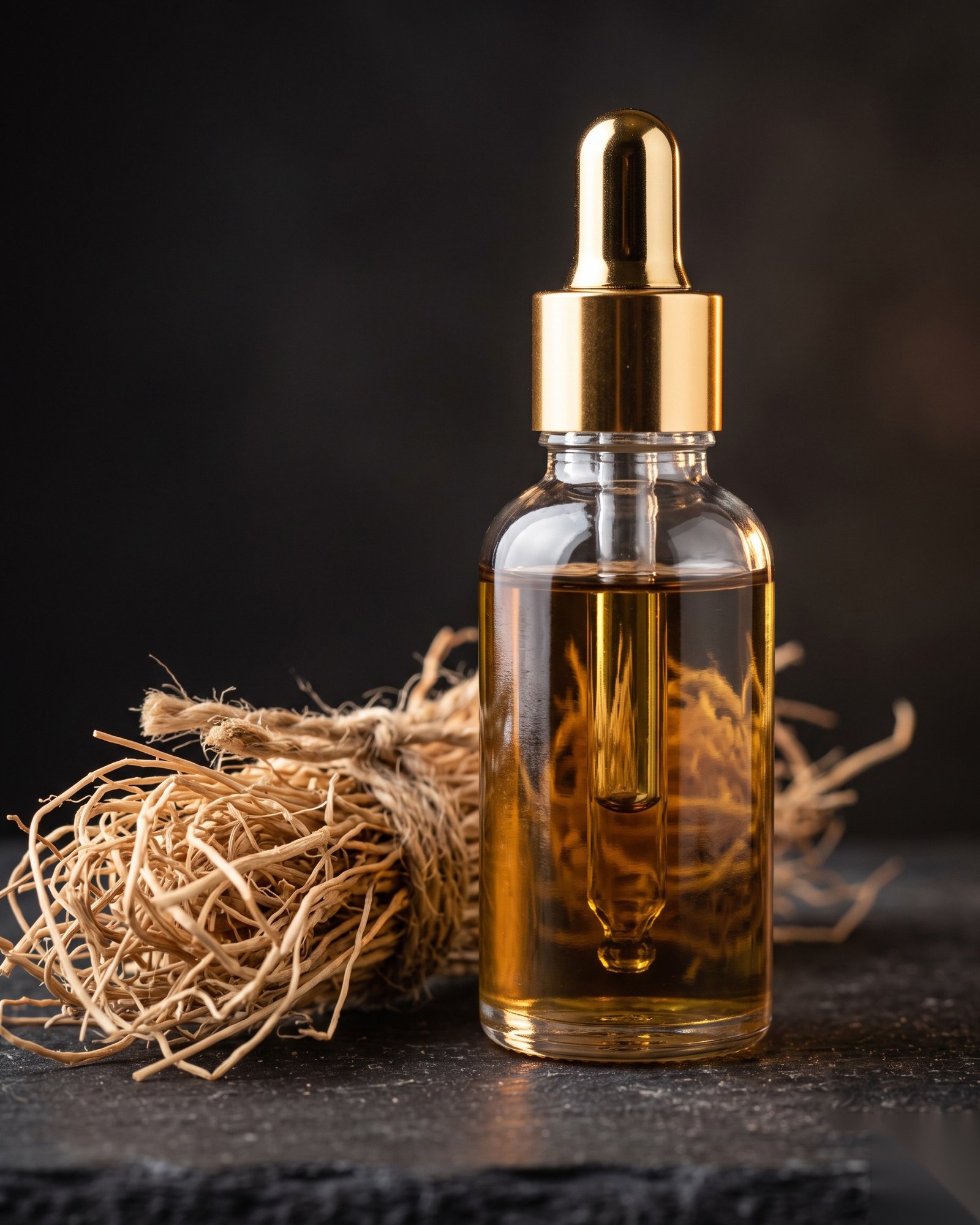 Vetiver Oil bottle with raw vetiver roots
